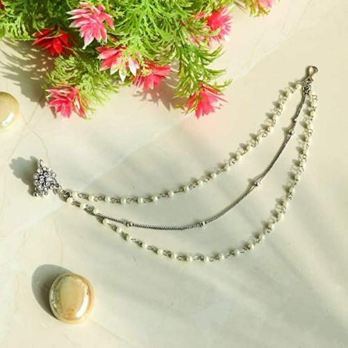 Lovemetz Gold Color Copper Material Pearl Nose Ring Indian Bollywood AD Nose Ring with Triple Chain/Nath with Pearl Layered Chain for Women.(NTH-20)