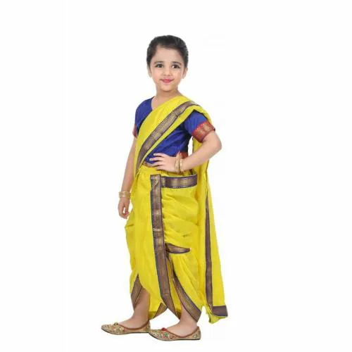 ITSMYCOSTUME Marathi Dress for Girls Traditional Folk Dance Costume for Kids- Yellow & Blue