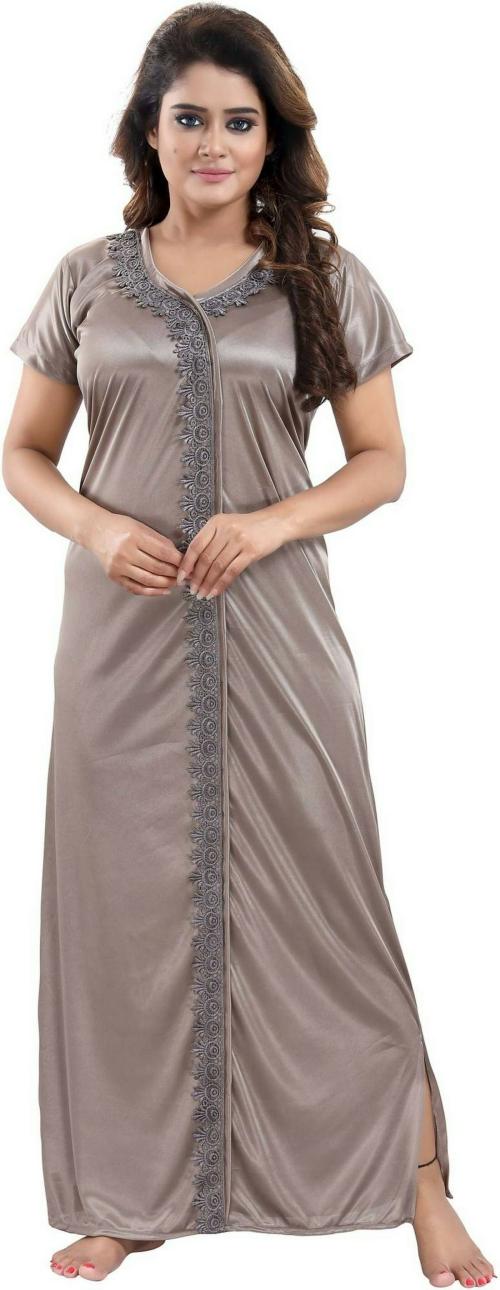 Life-Tale Women Silver Lace Satin Nighty
