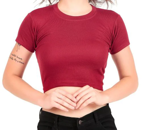 VEKTEK Cotton Lycra Fabric, Round Neck Crop Top For Women's