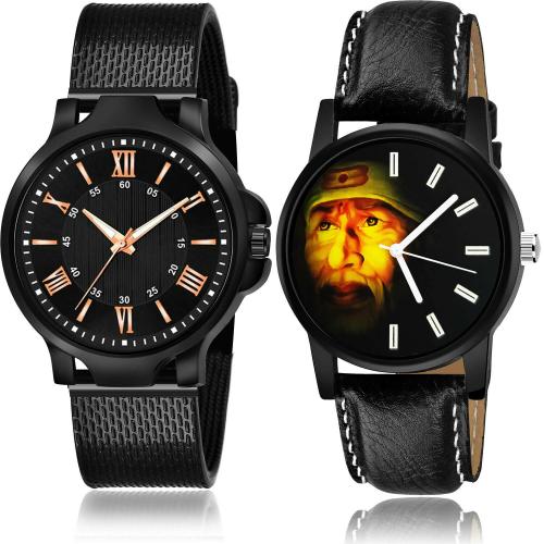 NEUTRON Modern Fancy Sports And Sai Baba Black Colour Analog Plastic And Genuine Leather Belt 2 Watch Combo For Boys And Men - BRM36-B123