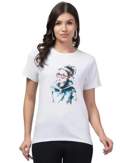 TIAVU Women's Round Neck Printed Half Tshirt | Regular Fit | Girl White|Size-XL|White