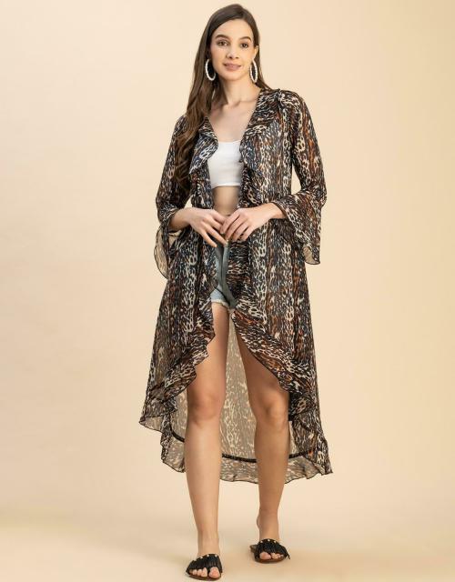 Moomaya Long Sleeves V Neck Ruffle Regular Fit Printed Women's Ruffle Shrug