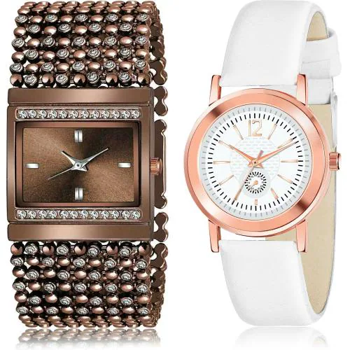 NEUTRON Best Exclusive Chain Bracelet Diamond And Simple Brown And White Colour Analog Metal And Genuine Leather Belt 2 Watch Combo For Women And Girls - G589-GW8