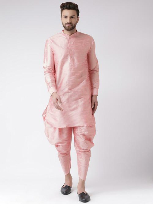 hangup Men Pink Solid Silk Blend Kurta Pyjama Set