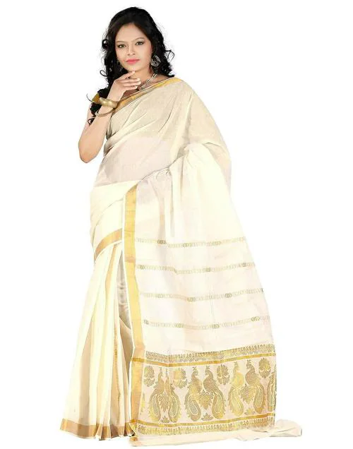 Fashionkiosks Women Pure Cotton Kerala Kasavu Saree With Attached Blouse Piece