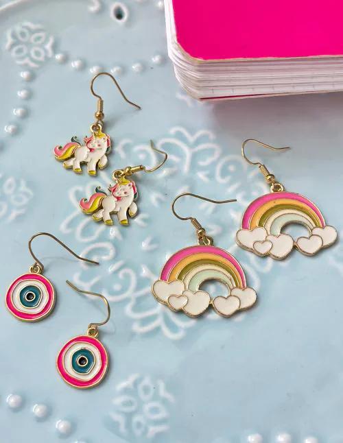 Lil Star By Ayesha Set Of Three Unicorn, Evil Eye & Rainbow Gold-Toned Blue, Pink & White Hook Drop Earrings