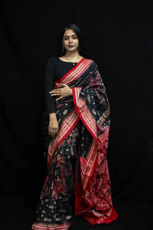 BigRayn Black Red Mahula Benta Odisha Handloom Sambalpuri Silk Saree - Odisha Weaves