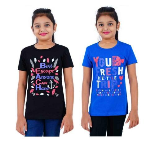 SAN TEE Girls Printed Pure Cotton T Shirt (Multicolor, Pack of 2) (10-11years)