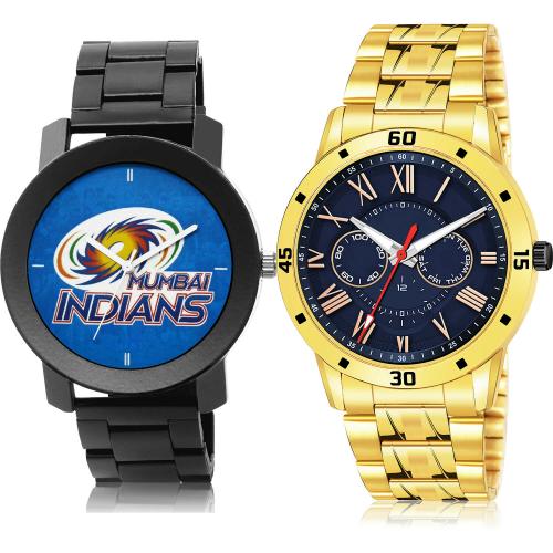 NIKOLA New 3D Design Mumbai Indians Squad (Mi) Ipl Chain And Gold Chain Black And Gold Colour Analog Metal And Stainless Steel Belt 2 Watch Combo For Boys And Men - IPL15-(62-S-21)
