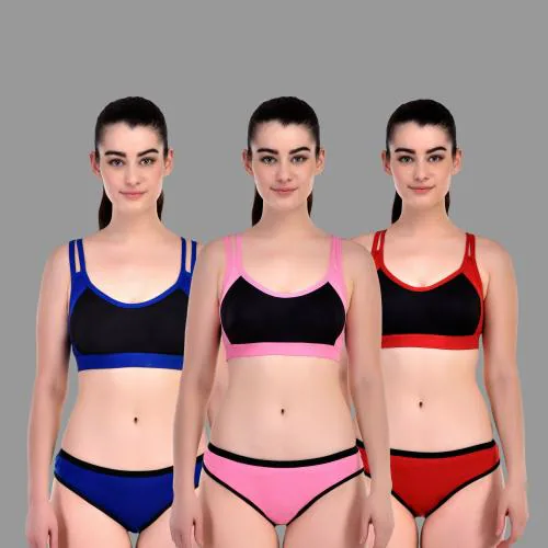 Lady One Women Multicolor Solid Cotton Blend Set Of 3 Bra And Panty (34)