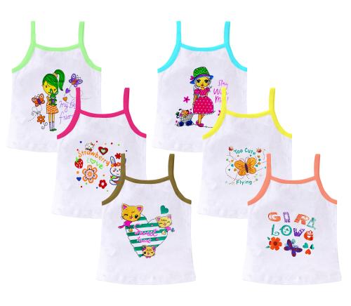 Akido White Striped Junior Regular Fit Cotton Printed Sleevless Slips/Vest/Sando Innerwear/Camisoles for Kids/Girls Pack of 6
