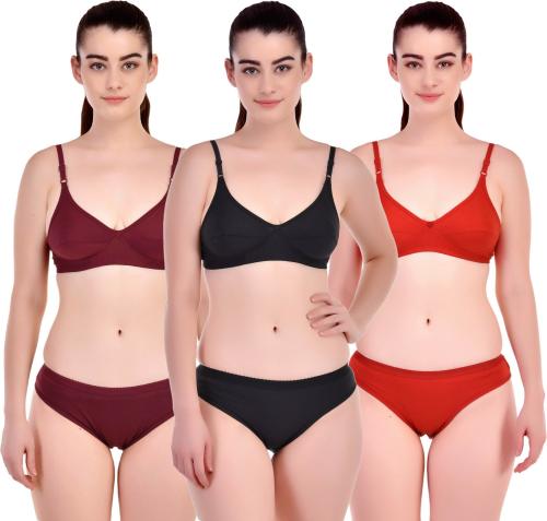 Lady One Women Red, Maroon, Black Cotton Blend Set Of 3 Bra And Panty (34)