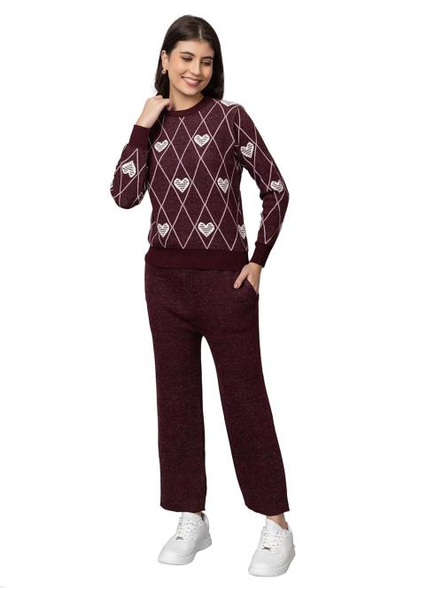 Kvetoo Woolen Crop Sweater with Lower Winter Wear Co-ord Set for Women Wine Size 2XL