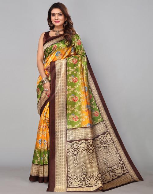 Siril Poly Silk Yellow & Green Color Saree with Blouse piece | sarees for Women| saree | sarees