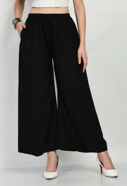 MAURYA Women's Black Color Solid Elasticated Regular Palazzo Pants - Designer Plazo For Women (XL)