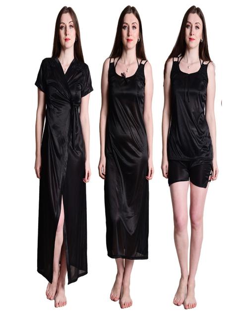 Women's Black Satin Nightwear 4 Pc Set of Nighty, Wrap Gown, Top & Shorts With Nighty Set