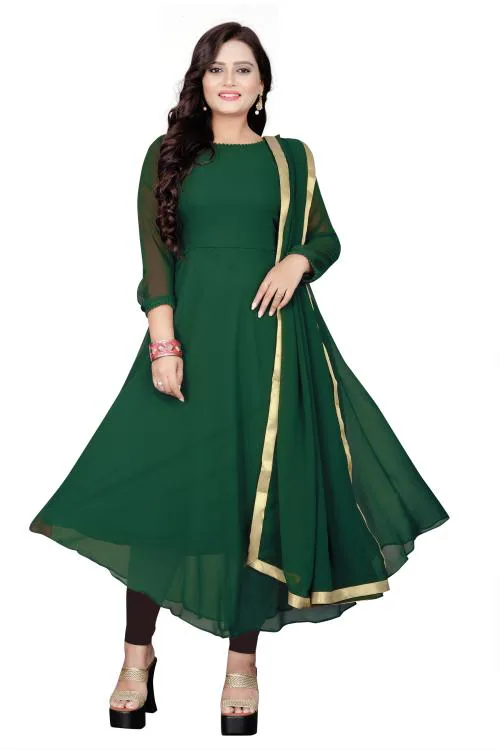 HARRICA Women's Solid Georgette Gown Kurta with Dupatta, Long Kurti Ethnic Dress Set - Green