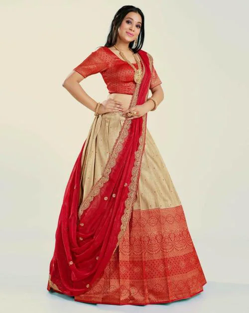 HALFSAREE STUDIO Red Kanjivaram silk Zari Lehenga Choli with Dupatta