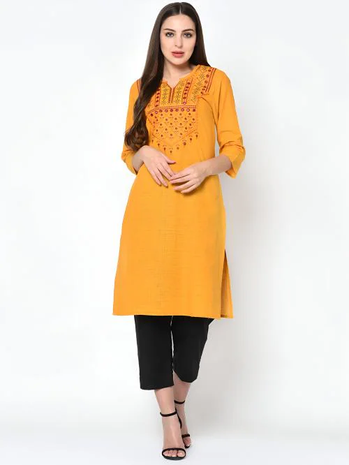 FLAVIDO Women Yellow Embroidered Straight Kurta