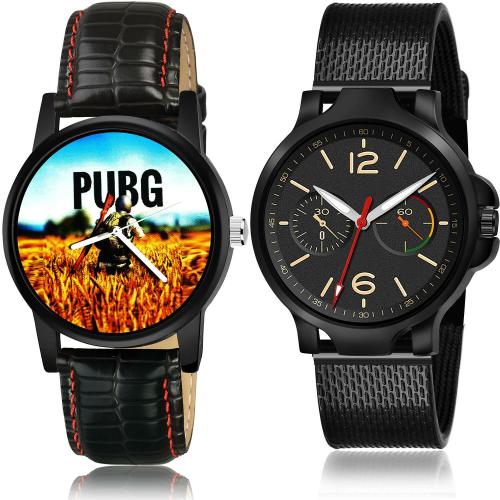 NIKOLA Latest Professional Pubg Military Army Black Colour Analog Genuine Leather And Plastic Belt 2 Watch Combo For Boys And Men - B476-(64-S-10)