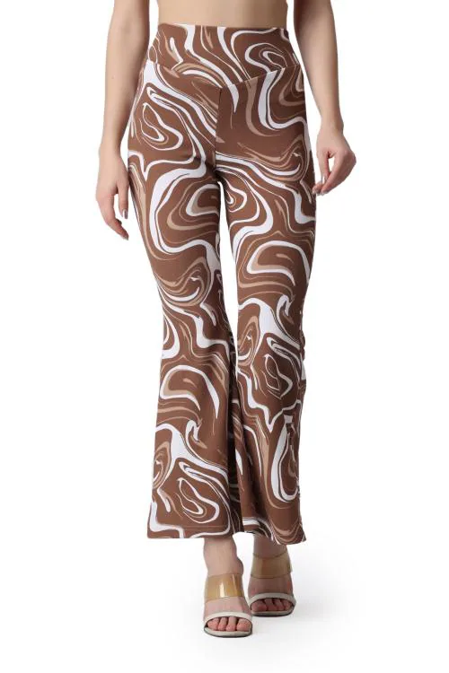 Popwings Casual Marble Print Flare Fit Brown Solid Highrise Women Trouser ! Brown Marble Printed Stretchable Wide Leg Trouser for Women