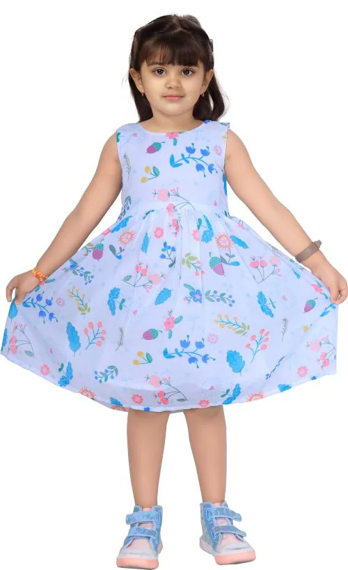 Manaitri Baby Girls White Printed Georgette Below Knee Casual Dress (4-5 Years)