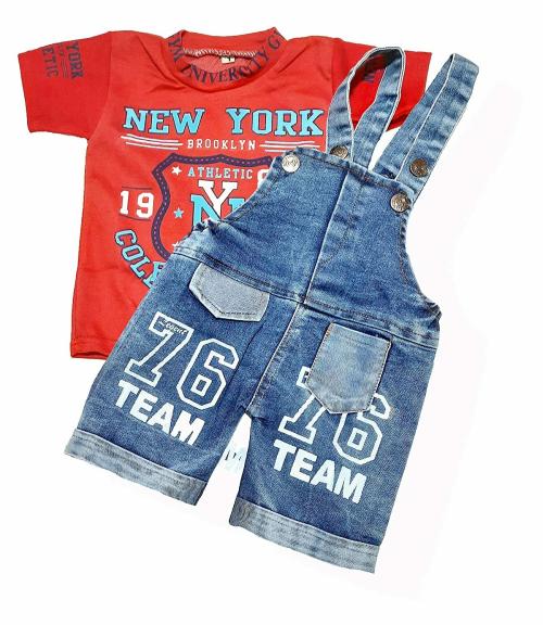 Zuvim Baby Boys & Baby Girls Denim Dungaree & T-Shirt Clothing Set (Red, 0-6 months)