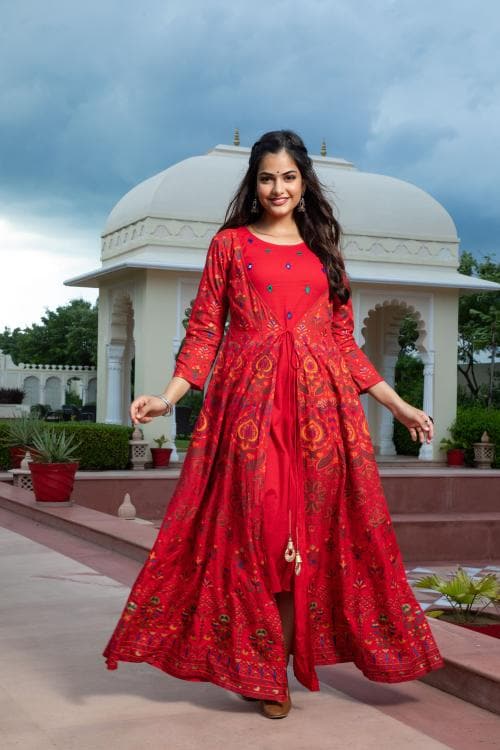 ftDiva Women Embroidered Frontslit Anarkali kurta in Red