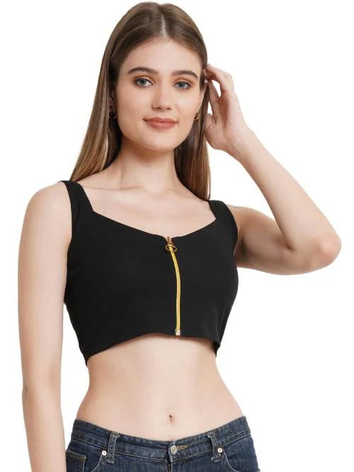 Popwings Casual Sleeveless Black Crop Top for Women ! Black Zipper Girls Croptop in Fashion