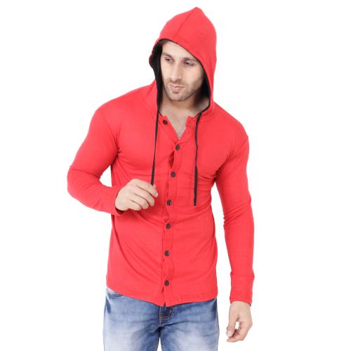 Blisstone Men Red Solid Cotton Blend Hooded Neck T-shirt (Pack of 1)