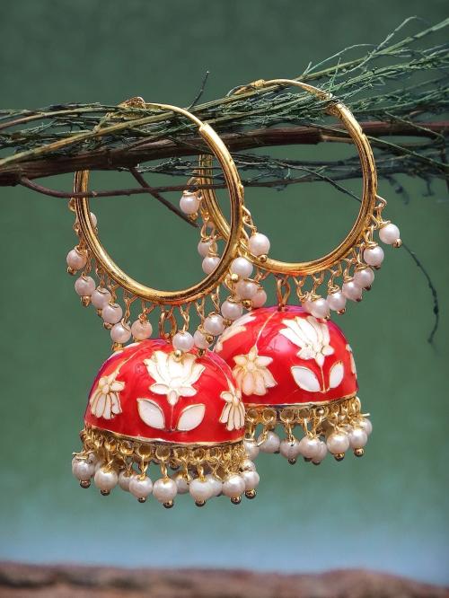 CRUNCHY FASHION Traditional Gold Plated Red Hoops Jhumka Earrings Alloy Hoop Earring ()