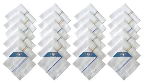 S4S 100% Cotton Pack of 24 Handkerchiefs Hanky For Men, White Striped, Large Size