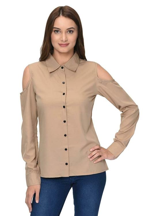 Thisbe Women Tan Polyester Formal Shirt (L)