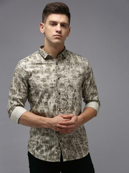 SHOW OFF Men's Cream Printed Cotton Shirts