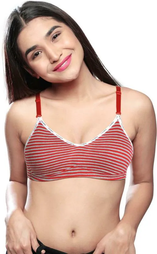 Lovable Women's Girl's Polycotton Seamless Full Coverage Non Padded Non-Wired Bra - (Grey Red, 32B)