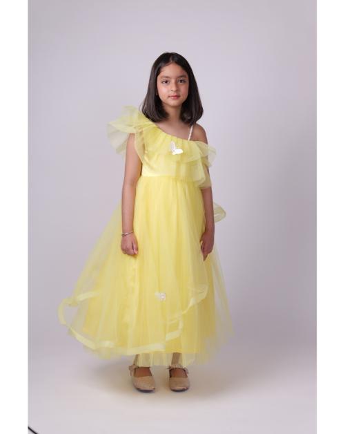 PICCO RICCO Girls Yellow Butterfly Net Pearl Embroidered One-Shoulder Dress For Festive ,Birthday Collection|Size-10-11 Y