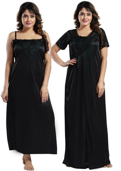 Zionity Women Black Solid Satin Pack of 2 Nighty (M)