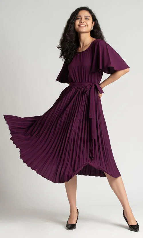 AASK Purple Womens Polyester Pleated Dress| Dress for women| Party Dress| Dresses| Stylish Dress| | New Collection