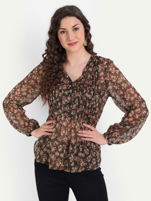 Minglay Women Black Floral Print Chiffon Top