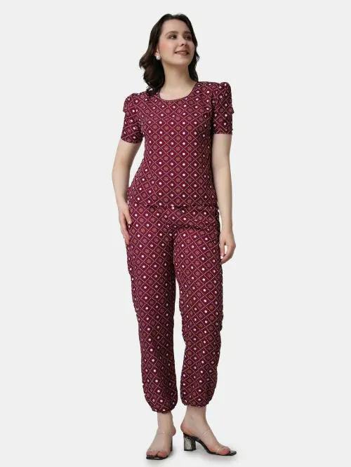 Popwings Casual Maroon Printed Loose Fit Women Top and Jogger Combo Set For Women | Top and Bottom Set Women