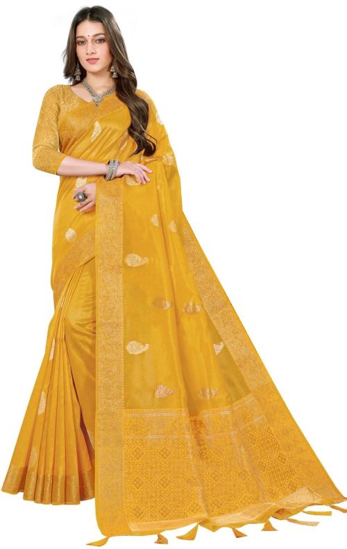 Ashika Women Yellow Printed Organza Saree with Unstitched Blouse Piece