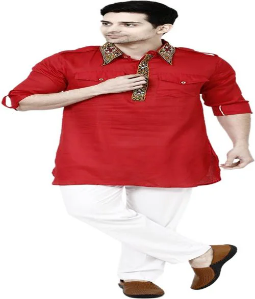 TAVAN Men Embroidered Pathani Kurta (Red)