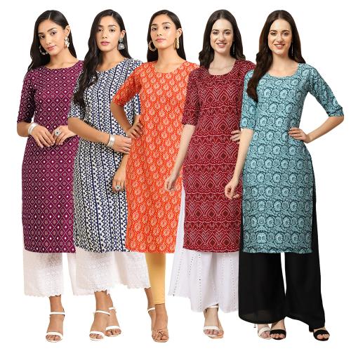1 Stop Fashion Women's Crepe Digital Print Straight Kurta{Pack of 5}[WN-355-348-354-374-378-M]