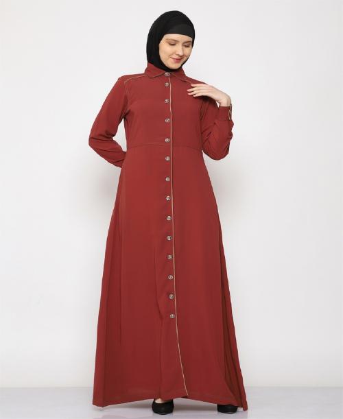 MOMIN LIBAS Rose Gold Polyester Front Open Abaya Burqa With Fancy Buttons