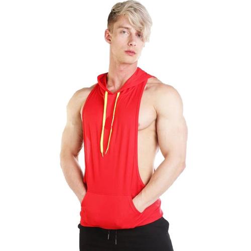 Men's Hooded Tank Tops Workout Sleeveless Muscle Shirt with Kangaroo Pocket Size XL Color Red