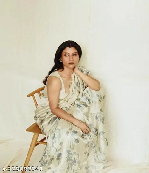 Shree Hari Fabrics Printed, Digital Print, Geometric Print, Floral Print Bollywood Cotton Blend, Cotton Linen Saree (White)-Size-Free Size-Multicolor5