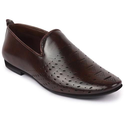 FAUSTO Basics Men Brown Perforated Ethnic Prom Slip On Juttis and Mojaris