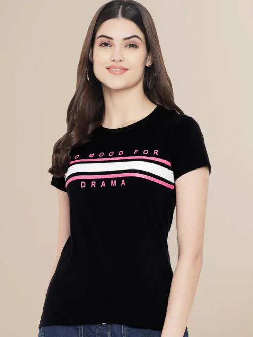 Fabflee Women Printed Pure Cotton Tshirt (Black) l women tshirt l tshirt for womenWomen tshirt | Tops for women | T shirt for women | Women Tops | T shirt | Women | Tops