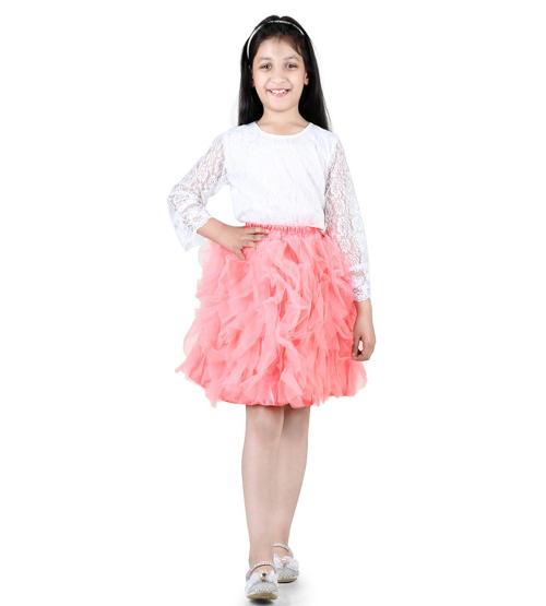 Hauppers Orange Frill Skirt With Fullsleeve Net Top For Girls - 6-7 Years